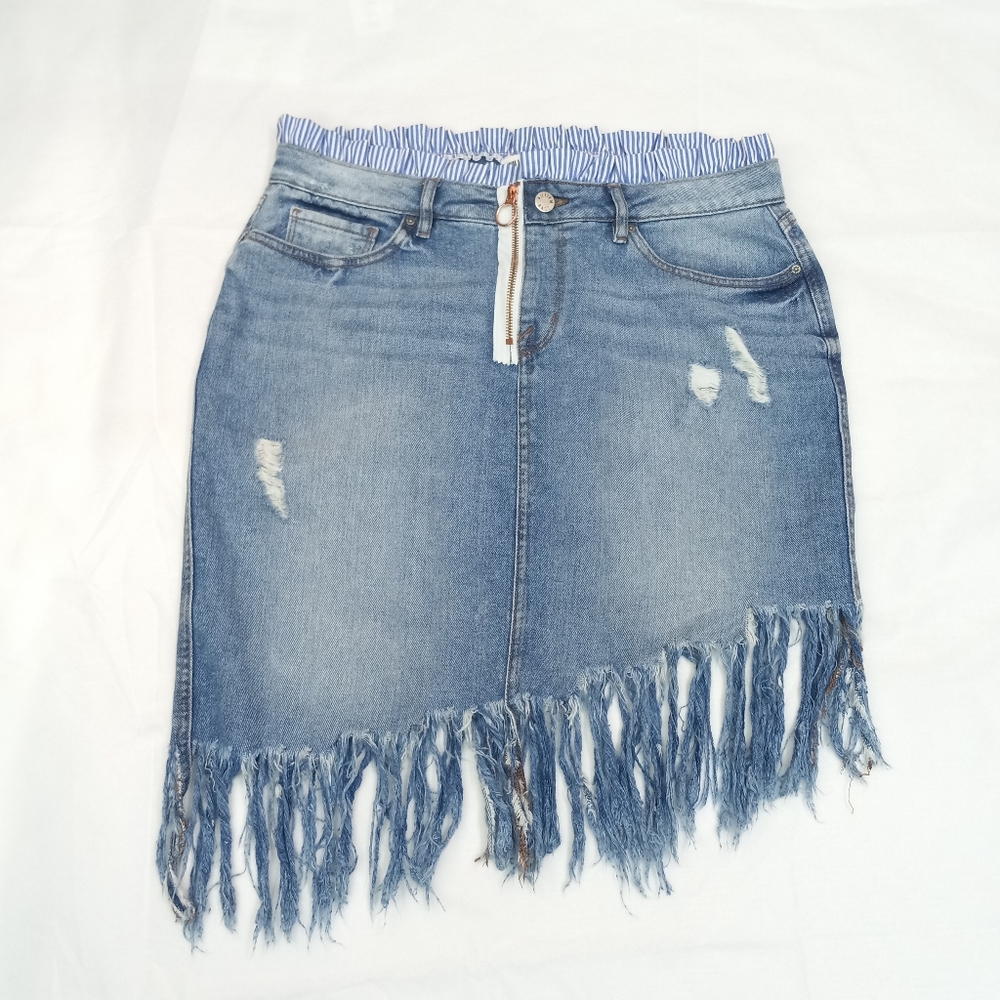 Sz 31 WILLIAM RAST Denim Blue Jean Distressed Fringe Skirt Justin Timberlake